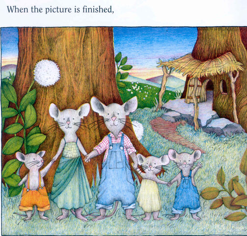 When the mouse asks to see the pictures in the book he will want to draw them.  He asks the little boy for some paper and crayons.