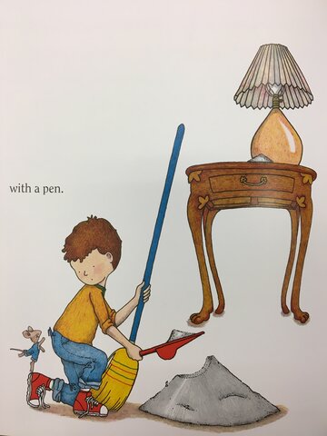 When the mouse finishes his picture he asks the boy for a pen to sign his picture.