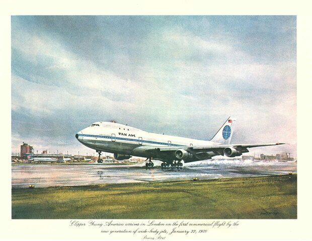First commercial flight of Boeing 747, to London