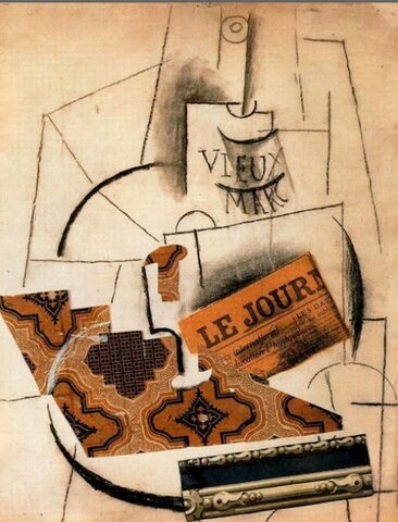 Botella de vieux Marc, vaso y periódico