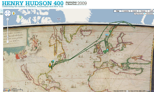 Henry Hudson, exploring for the Netherlands, claims land that will become New Netherlands