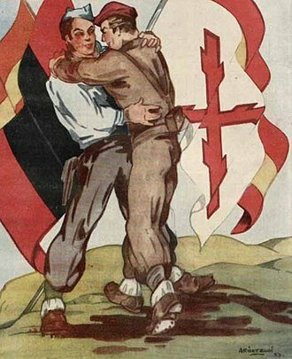 Dibujo publicado en la revista infantil Flechas y Pelayos en mayo de 1937 aludiendo a la unificación.