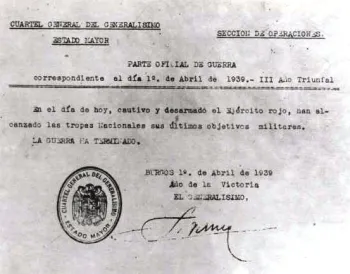 El general Franco hace público el último parte de guerra
