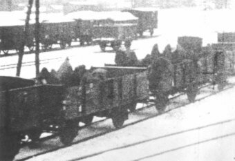 The prisoners are put into roofless cattle cars.