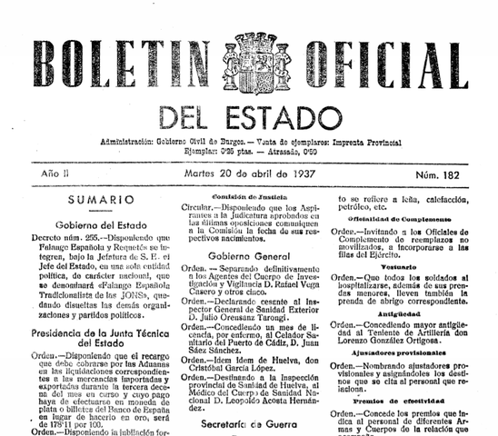 Franco promulga el llamado Decreto de Unificación, por medio del cual crea una única formación política legal bajo su mando: Falange Española Tradicionalista y de las JONS. Franco asume su jefatura. Se institucionaliza el saludo brazo en alto.
