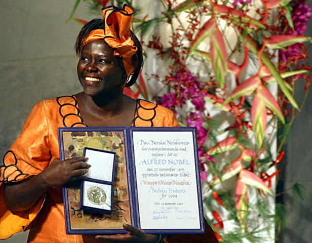 Kenyan ecologist Wangari Maathai wins the Nobel Peace Prize.