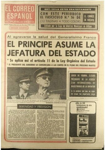 JEFATURA DEL ESTADO RECAE SOBRE JUAN CARLOS DE BORBÓN