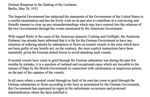 Primary Source: Germany's Response to the Sinking