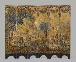 Screen with the Siege of Belgrade and hunting scene Circle of the González Family   c. 1697-1701 C.E.  Tempera and resin on wood, shell inlay