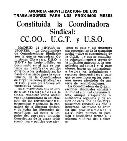 Se constituye la Coordinadora de Organizaciones Sindicales (COS).