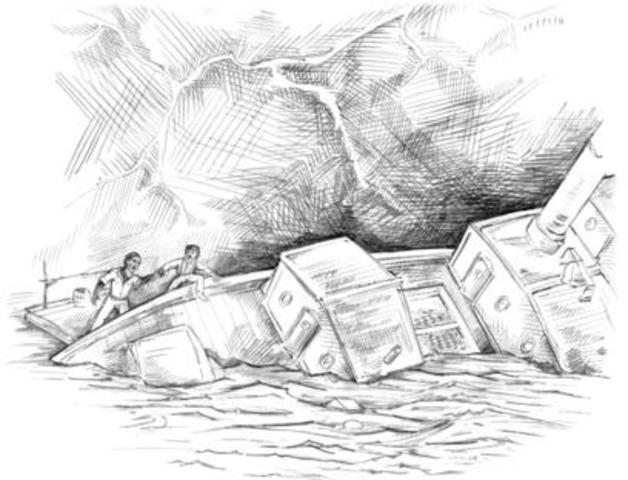 Wrecked steamboat with robbers