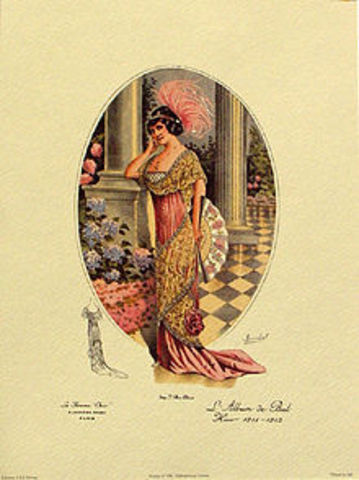 Fashion in the years 1910-1915 is characterized by a rich and exotic opulence in the first half of the decade in contrast with the somber practicality of garments worn during the Great War.