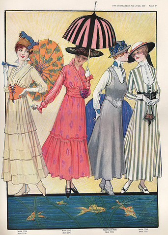1915- Fashion still, hasn't really changed that much, mainly dresses with a few colourful patterns on them and women used to carry fashionable umbrellas and sun shades around with with them, very vintage...