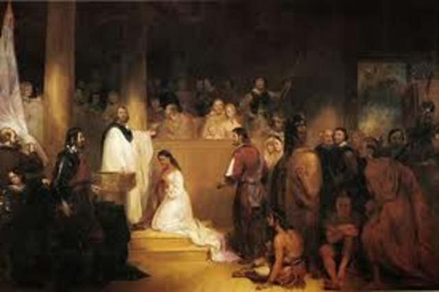 Circa April 1614. John Rolfe marries Pocohontas or "Rebecca"