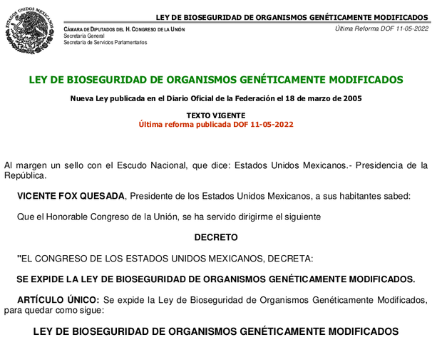 Ley de Bioseguridad de Organismos Genéticamente Modificados