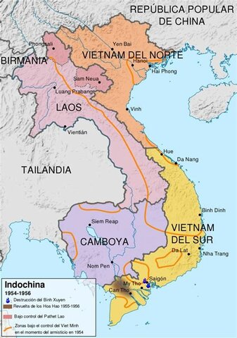 Derrota francesa de Indochina y creación de 4 estados: Vietnam del Norte, Vietnam del Sur, Laos y Camboya