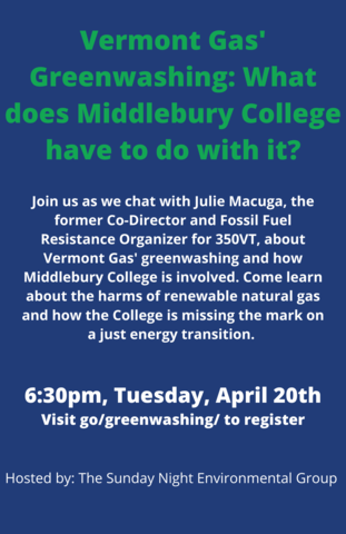Julie Macuga, former Fossil Fuel Resistance Organizer for 350VT, speaks to Middlebury College students about Greenwashing