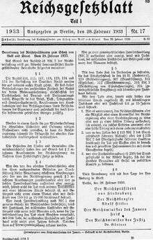 Reichstag Fire Decree: declaration of the state of emergency and suspension of civil liberties