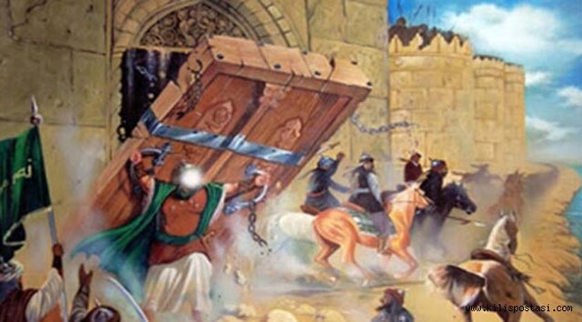 Hayber'in Fethedilmesi. Hz. Ali'nin dillere destan kahramanlıklar göstermesi, Yahudilerin baş cengâveri (savaşçısı) Merhab'ı bir hamlede yere sermesi.