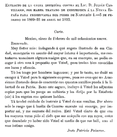 Inicia el proceso contra el licenciado Julián Castillejos, quien pretendió independizar a la Nueva España para salvarla de caer en el poder de Napoleón.