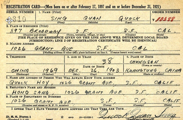 Sing Quock registers with the draft board during WW2