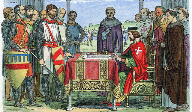 The signing of Magna Carta, limiting the power of the monarch in England