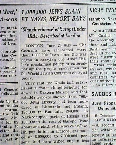 December, 1942 – first news of Nazi atrocities against Jewish people reaches the Allies