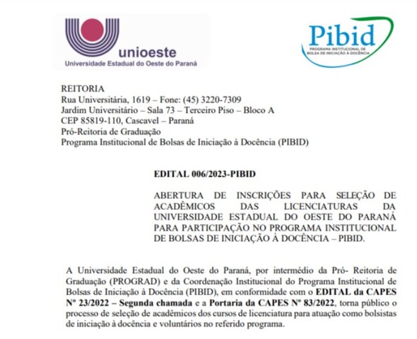 Edital de abertura do PIBID
