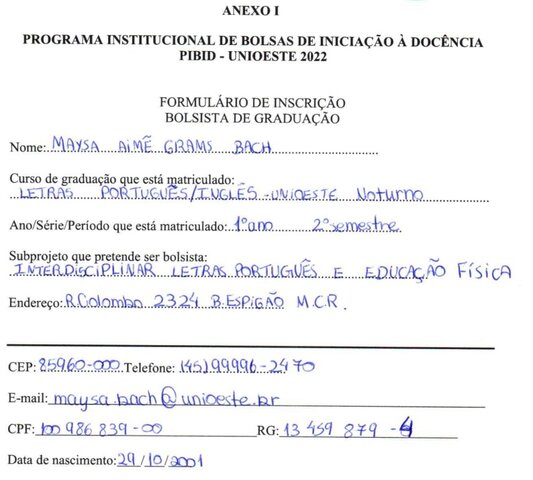 Inscrição do PIBID