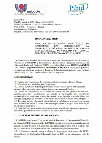 Edital de abertura do Pibid