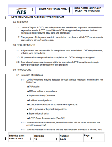 SWIM - LOTO COMPLIANCE AND INCENTIVE PROGRAM