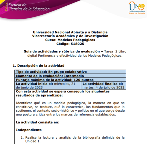 Unidad 1- Tarea 2 - Libro digital Pertinencia y efectividad de los Modelos Pedagógicos