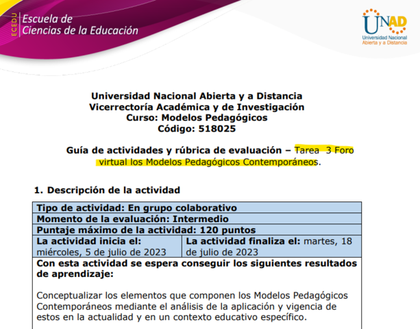 Unidad 2 - Tarea 3 - Foro virtual los Modelos Pedagógicos Contemporáneos