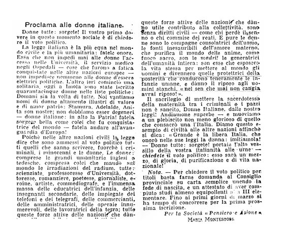 Maria Montessori chiama le donne al voto + il caso di Ancona