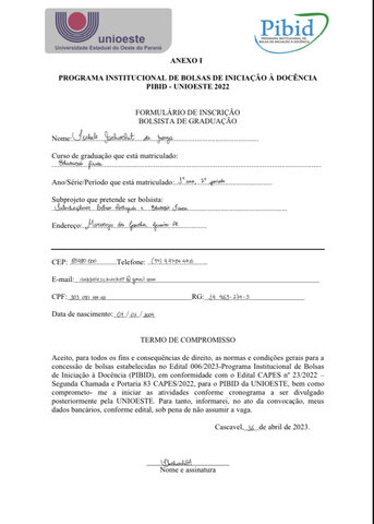 Inscrição no PIBID