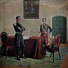 Se reúne con Simón Bolivar en Guayaquil para discutir la estrategia para obtener la independencia de Perú