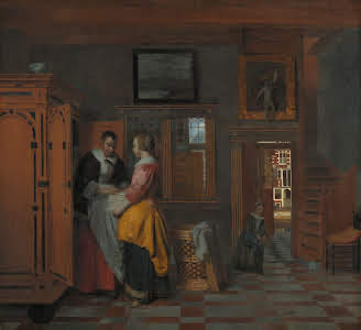 Pieter de Hooch, binnenhuis met vrouwen bij een linnenkast