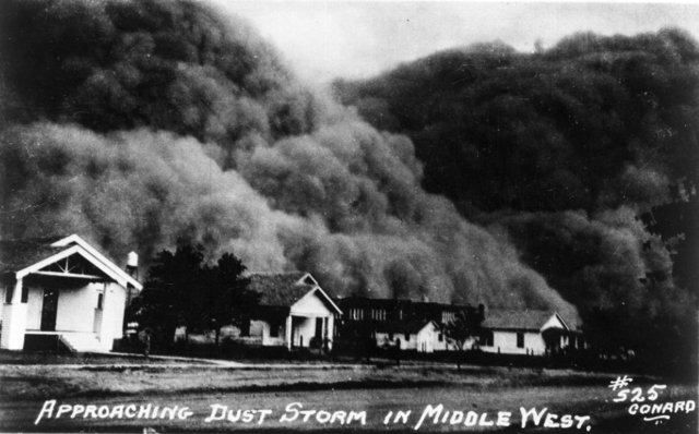 the Dust Bowl region experiences tons of topsoil being blown through their homes
