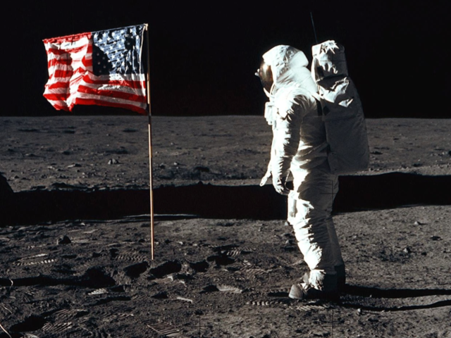 US astronauts Armstrong and Aldrin land on the moon