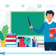 Teacher with books and chalkboard video lesson vector