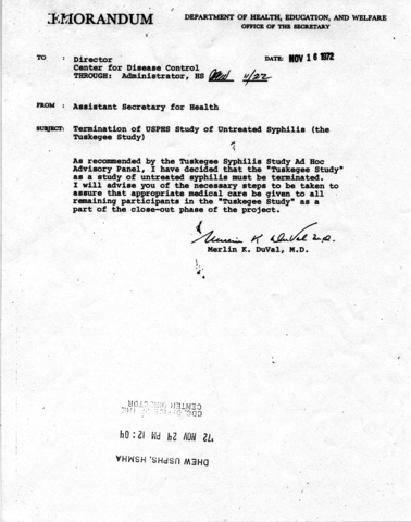 Artifact 3: Memorandum Terminating the Tuskegee Syphilis Study