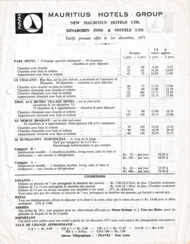 Tarifs des prestations des hôtels du groupe NMH
