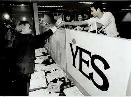 The referendum on the Charlottetown Accord, which would include special rights for First Nations and Francophone Canadians, fails to pass