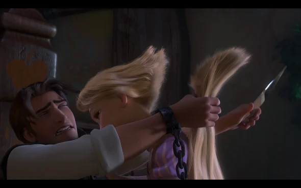 Flynn cuts off Rapunzel's hair so that she doesn't have to be with Gothel, Then right after he dies.