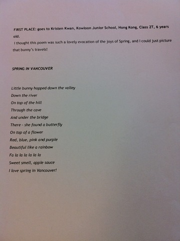 I won first prize in "My Rabbit Poem" in the 4 to 7 years old category.