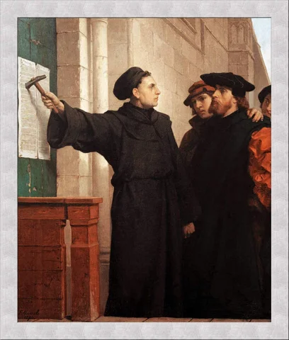Martin Luther nails his "Ninety-Five Theses" on the door of Castle Church in Wittenberg; Reformation begins