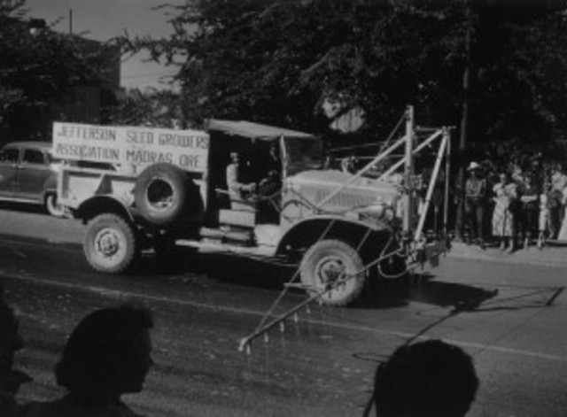 Jefferson Seed Growers Association sprayer truck in parade 1949-Agriculture