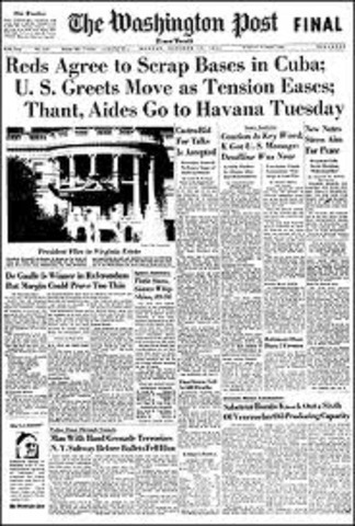 Khrushchev announces over Radio Moscow that he has agreed to remove the missiles from Cuba