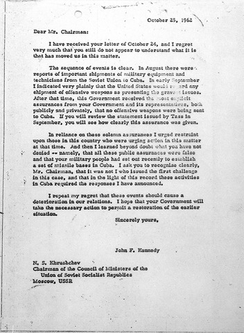 Kennedy sends a letter to Khrushchev further discussing  the weapons in Cuba