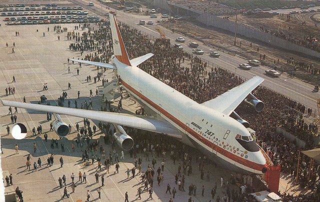 The world's largest airplane the Boeing 747 makes it first commercial flight.
